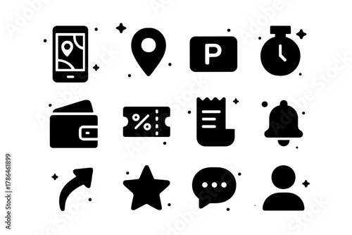 Mobile Parking App Icons. Mobile parking app features. Solid icons set of Mobile parking app features: map screen, geolocation pin, reserve button, timer,