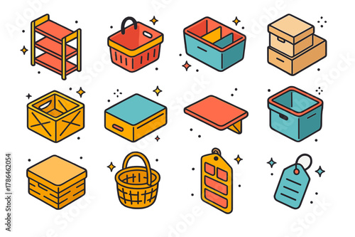 Colorful Storage Icons. Minimalist storage solutions. Colorful isometric vector icons set of Minimalist storage solutions: open shelving, storage basket,