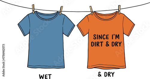 Two hanging t-shirts on clothesline illustration showing wet and dry comparison, simple cartoon flat style design suitable for laundry, cleaning, and educational visual content