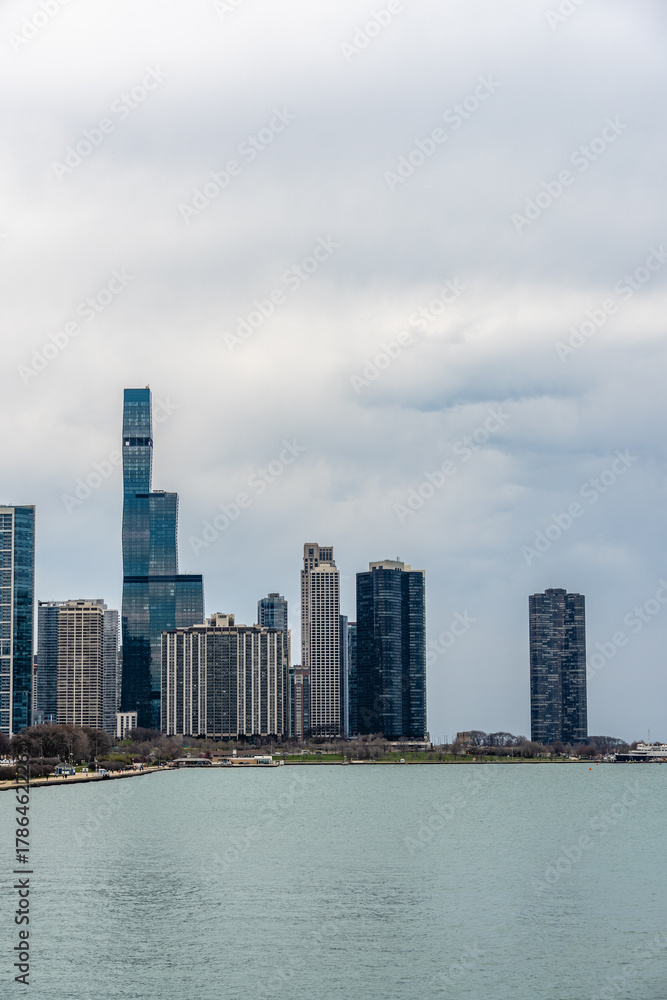 Fototapeta premium Chicago skyline view with skyscrapers and Lake Michigan under a cloudy sky