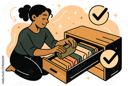 Colorful Closet Harmony. Folding clothes neatly in drawers. Person organizing colorful clothes into tidy rows;