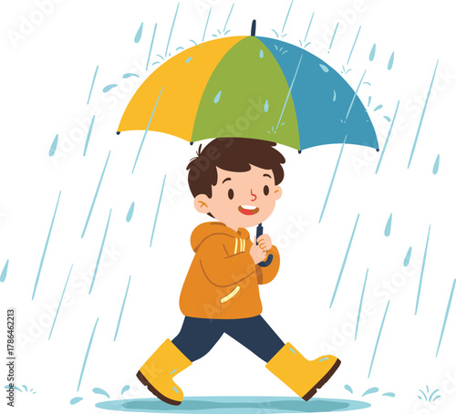 Happy little boy walking in the rain holding colorful umbrella, cheerful child wearing raincoat and boots, rainy weather vector illustration design