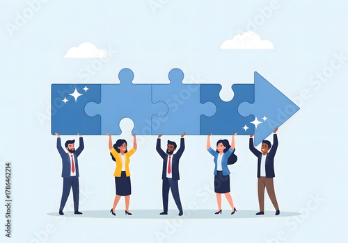 Team collaboration for success, teamwork or cooperation, employee participation or organization, partnership work together, career growth concept, business people employee connect arrow jigsaw puzzle