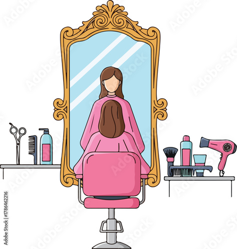 Woman at Hair Salon Chair Reflected in Ornate Mirror with Styling Tools