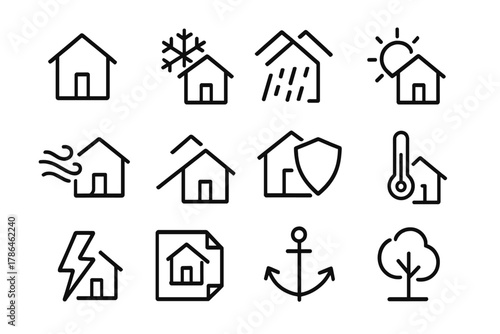 Weather-Resistant Icon Set. Weather-resistant buildings. Line outline icon set of weather-resistant buildings: