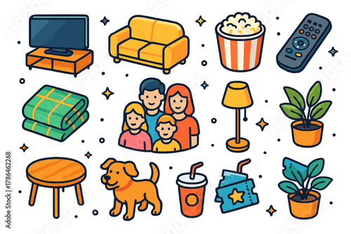 Family Fun Icons. Family entertainment. Colorful isometric vector icons set of family entertainment: TV, sofa, popcorn, remote control, family, blanket, floor
