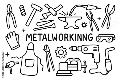 Metalworking Tools Doodle. Metalworking. Hand-drawn doodle illustration metalworking anvil, hammer, sparks, welding torch, tongs, steel rod, gear, vise,