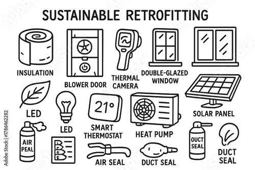 Sustainable Retrofitting Icons. Sustainable retrofitting. Hand-drawn doodle illustration sustainable retrofitting insulation roll, blower door, thermal camera,