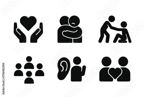 Emotional Support Icons. Emotional support. Filled icon set of emotional support: heart and hands, comforting