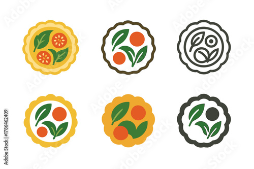 Vegetable Quiche Logos. Vegetable quiche. Set Logo of Vegetable quiche: tart filled with spinach and tomato. harmonious logo variations of the same emblematic