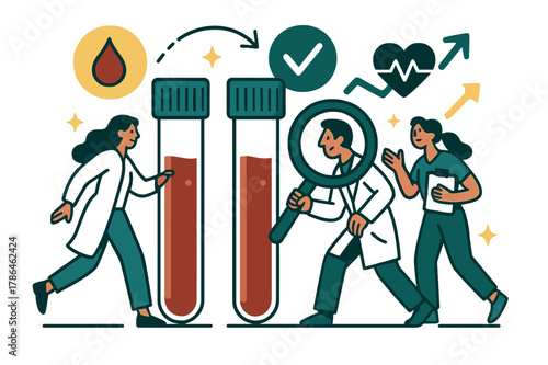 Dynamic Blood Analysis. Blood test. Close-up of blood vials with abstract floating icons, arrows, and sparkles; emphasizes testing, analysis, and diagnostics.