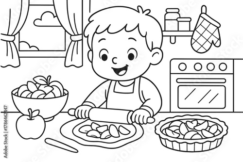 Apple Pie Coloring Fun. Apple pie baking children?s coloring book illustration, outlined drawing, happy child