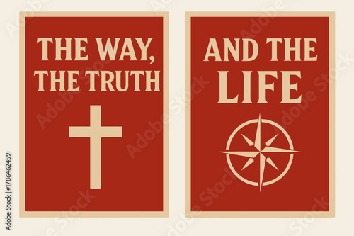 Truth and Way Banners. Truth and Way. Two vertical A6 banners with safe margins, centered composition, no elements touching edges, bold, red and beige, cross