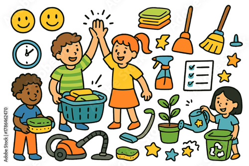 Teamwork Chores Icons. Teamwork chores. Colorful Hand-drawn doodle Children illustration Teamwork chores laundry basket, broom, dustpan, spray bottle, folded