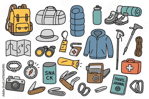 Camping Essentials Doodle. Pack. Hand-drawn doodle illustration backpack (colored), duffel bag (colored), sleeping bag (colored), water bottle (colored),