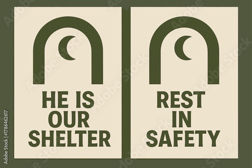 Brutalist Shelter Banners. Shelter of Mercy. Two vertical A6 banners with safe margins, centered composition, no elements touching edges, brutalist, olive