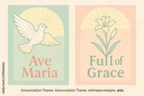 Annunciation Banners Elegance. Annunciation Theme. Two vertical A6 banners with safe margins, centered composition, no elements touching edges, pastel, pastel