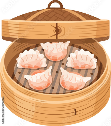 Steaming Hot Chinese Dumplings Jiaozi or Gyoza in Traditional Bamboo Dim Sum Steamer Basket