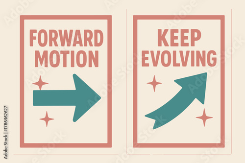 Forward Motion Banners. Forward motion. Two vertical A6 banners with safe margins, centered composition, no elements touching edges, retro, pink and teal,