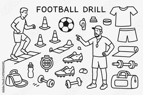 Football Training Essentials. Football Drill. Hand-drawn doodle illustration Football Drill player running, agility ladder, cones, soccer ball, sneakers,