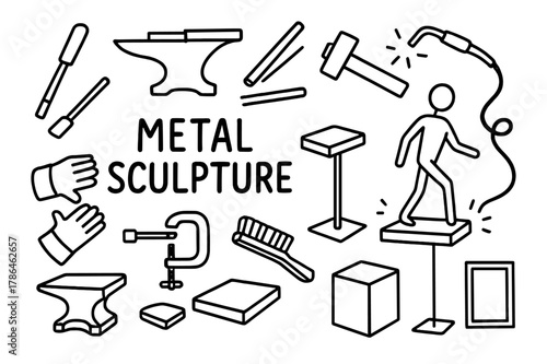 Metal Sculpture Icons. Metal sculpture. Hand-drawn doodle illustration metal sculpture chisel, anvil, steel rod, hammer, welding torch, wire, stand, figure,