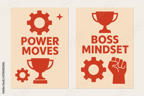 Power Moves Banners. Power moves. Two vertical A6 banners with safe margins, centered composition, no elements touching edges, flat vector design, red and