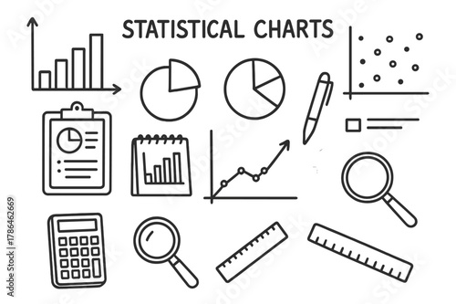 Hand-Drawn Statistical Charts. Statistical Charts. Hand-drawn doodle illustration Statistical Charts histogram, bar chart, pie chart, scatter plot, line graph,