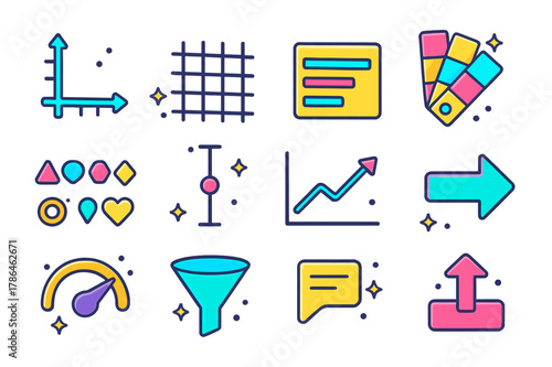 Isometric Data Icons. Data visualization basics. Colorful isometric vector icons set of Data visualization basics: axes with ticks, gridlines, legend box,