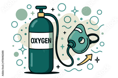 Oxygen Safety Illustration. Oxygen. Oxygen tank and mask with abstract floating bubbles, lines, and sparkles; emphasizes safety, healthcare, and life-support