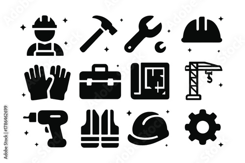 Manual Work Icons. Manual Work. Solid icons set of Manual Work: construction worker, hammer, wrench, hard hat, gloves, toolbox, blueprint, crane, drill, safety