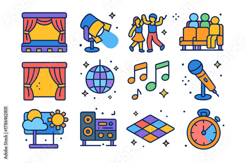 Dance Recital Icons. Dance recital. Colorful isometric vector icons set of dance recital: stage, spotlight, dancers, audience, curtains, disco ball, music