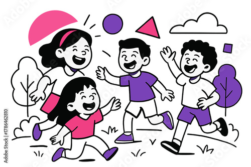Children's Playful Paradise. Laughing in a Group. Children playing and laughing in a park with floating abstract geometric shapes, energetic and happy scene.