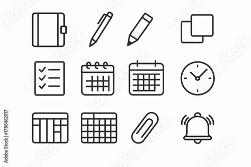 Planning Toolkit Icons. Planning toolkit. Line outline icon set of planning toolkit: planner notebook, pen,