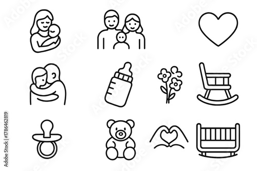 Parental Love Icons. Parental love. Line icon set of parental love: mother holding baby, family, heart, hug, baby bottle, rocking chair, pacifier, flowers,