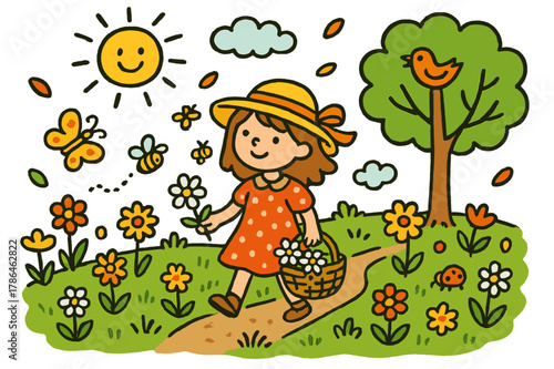 Meadow Stroll Illustration. meadow stroll. Colorful Hand-drawn doodle Children illustration meadow stroll girl, basket, flowers, grass, sun, butterfly, tree,