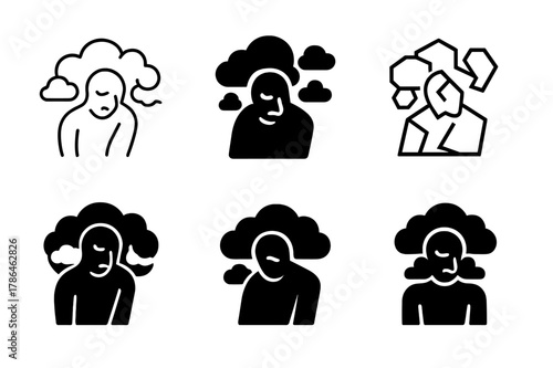 Harmonious Logo Grid. restless figure surrounded by floating thoughts. Set Logo of restless figure surrounded by floating thoughts: Cloud. harmonious logo