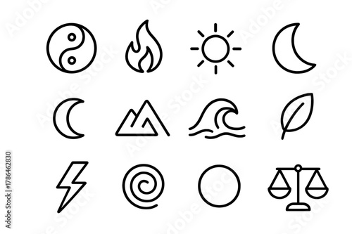 Yin Yang Icon Set. Yin and yang harmony. Line icon set of yin and yang harmony: yin-yang symbol, fire, water, sun, moon, mountain, ocean wave, leaf, lightning