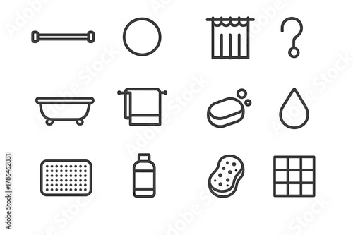 Shower Hardware Icons. Shower hardware. Line icon set of shower hardware: curtain rod, ring, shower curtain, hook, bathtub, towel, soap, water droplet, bath