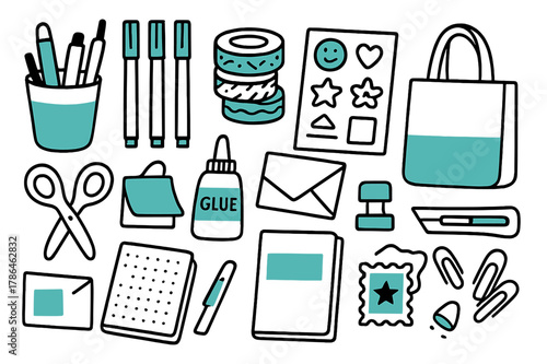 Stationery Essentials Doodle. // Stationery haul. Hand-drawn doodle illustration Stationery haul [pen cup (accented), brush pens (accented), washi stack