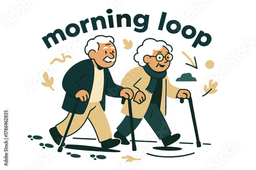 Morning Stroll. Elderly ? Neighborhood Walk. Two seniors stroll with canes along a clean path; tiny footprints and leaf icons trail behind. Caption ?morning