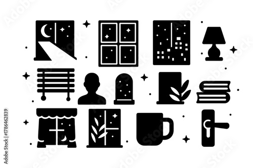 Nighttime Window Icons. Night Window Light. Solid icons set of Night Window Light: moonlight beam, window pane, starry sky, city lights, blinds, silhouette