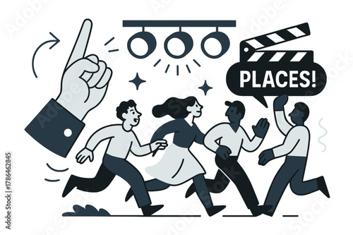 Dynamic Theater Scene. Amphitheater ? Director?s Cue. A raised hand gives the signal; cue lights blink in a tidy sequence. Notation ?Places!? springs from a