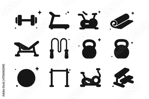 Fitness Equipment Icons. fitness equipment. Solid icons set of fitness equipment: dumbbell, treadmill, exercise bike, yoga mat, weight bench, jump rope,
