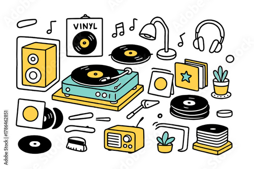 Colorful Vinyl Setup. Turntable setup. Hand-drawn doodle illustration record player (colored), vinyl records (colored), turntable (colored), speaker (colored),