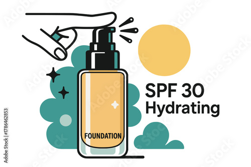 Sleek Foundation Design. Foundation Bottle Design. A sleek glass cylinder with soft shoulders catches light; ?SPF ? Hydrating? floats beside a subtle glow. A