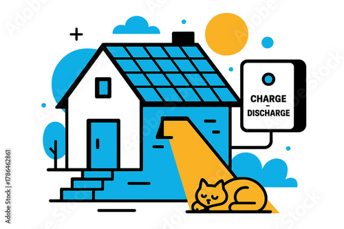 Solar-Powered Cozy Home. Home Battery & Solar Roof. A cozy house wears neat PV shingles; a wall battery glows with ?Charge ? Discharge.? A pet naps under a