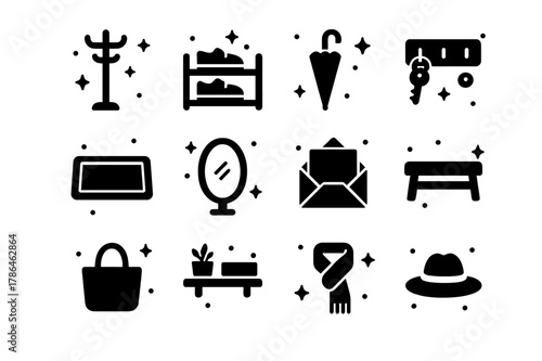 Homey Entryway Icons. Homey Entryway. Solid icons set of Homey Entryway: coat rack, shoe shelf, umbrella, key hook, doormat, mirror, mail tray, bench, tote