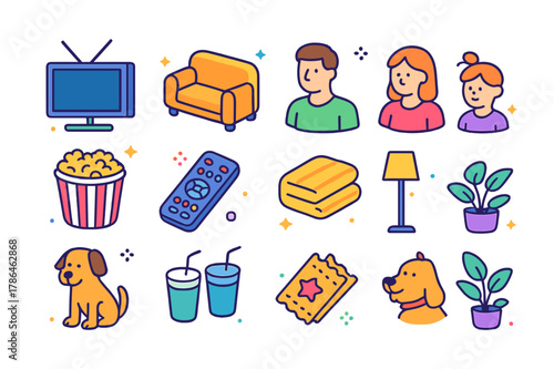 Family Leisure Icons. Family leisure. Colorful isometric vector icons set of family leisure: TV, sofa, family members, popcorn bowl, remote control, blanket,