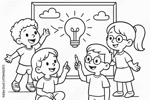 Creative Kids Brainstorming. brainstorming children?s coloring book illustration, outlined drawing, a group of kids generating ideas on a whiteboard,