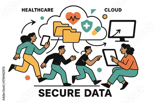 Secure Healthcare Cloud. Healthcare Tech ? Cloud Records. Folders and medical icons float above a cloud; connection lines link to tablets and monitors. Text